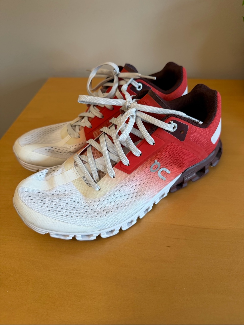 On Running Red and White Cloudtech Running Shoes